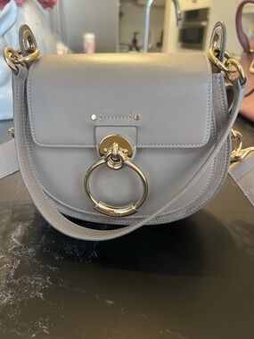 Chloe Crossbody Saddle Bag in Light Taupe with Gold Hardware